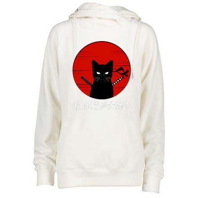 I Love Cats Japanese Sunset Samurai Cat Kitten Lover Womens Funnel Neck Pullover Hood