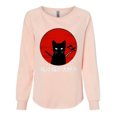 I Love Cats Japanese Sunset Samurai Cat Kitten Lover Womens California Wash Sweatshirt