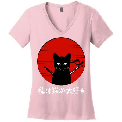 I Love Cats Japanese Sunset Samurai Cat Kitten Lover Women's V-Neck T-Shirt