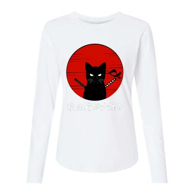 I Love Cats Japanese Sunset Samurai Cat Kitten Lover Womens Cotton Relaxed Long Sleeve T-Shirt