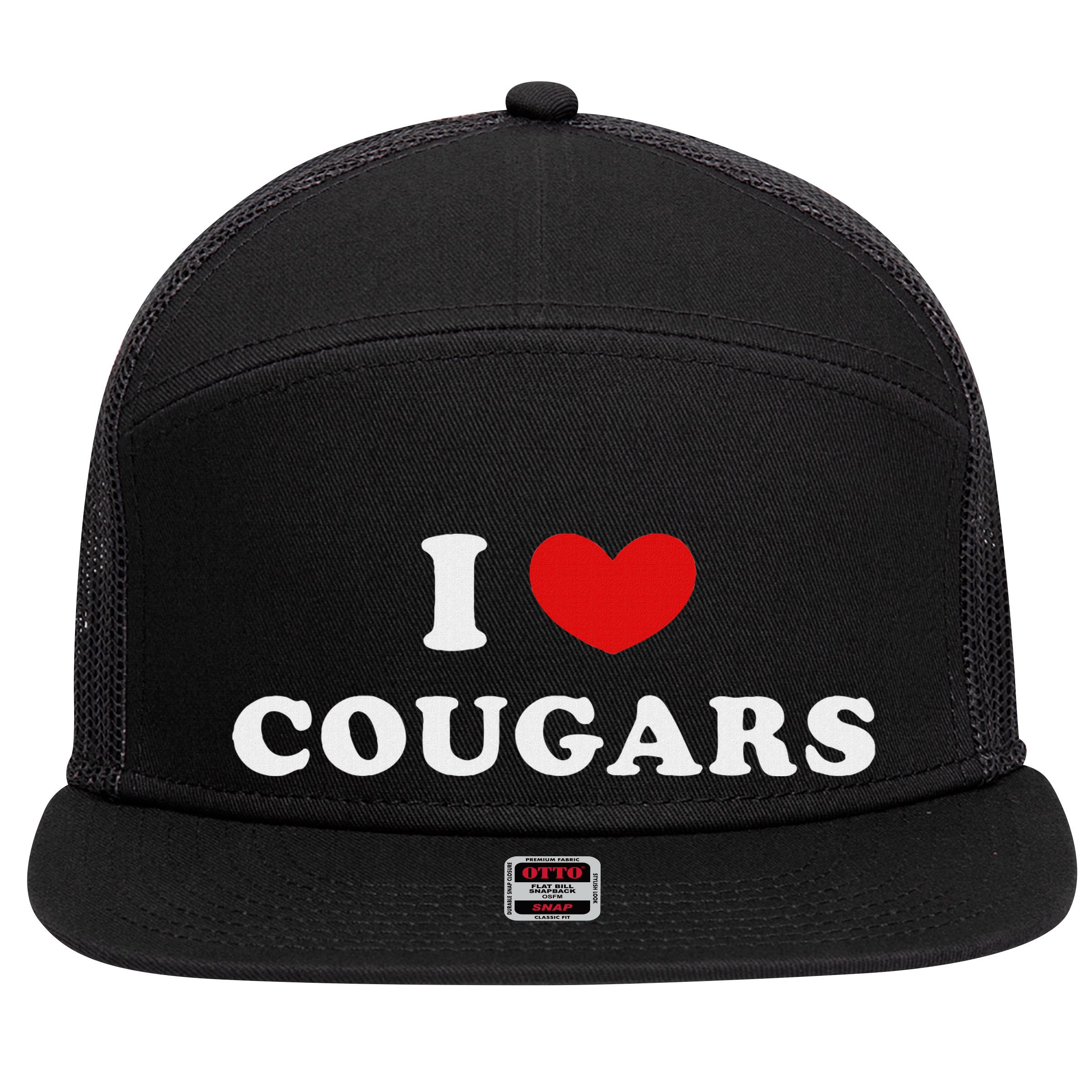 I Love Cougars I Heart Cougars 7 Panel Mesh Trucker Snapback Hat