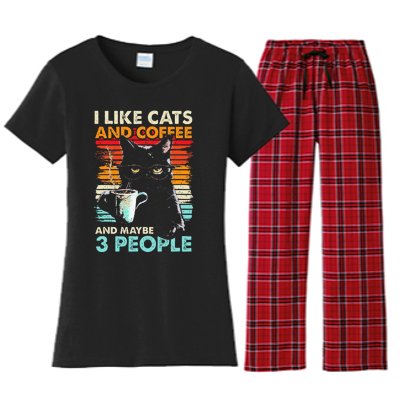 I Like Cats And Coffee And Maybe 3 People Funny Love Cat Women's Flannel Pajama Set