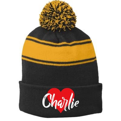 I Love Charlie First Name I Heart Named Stripe Pom Pom Beanie