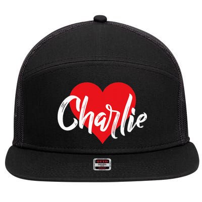 I Love Charlie First Name I Heart Named 7 Panel Mesh Trucker Snapback Hat