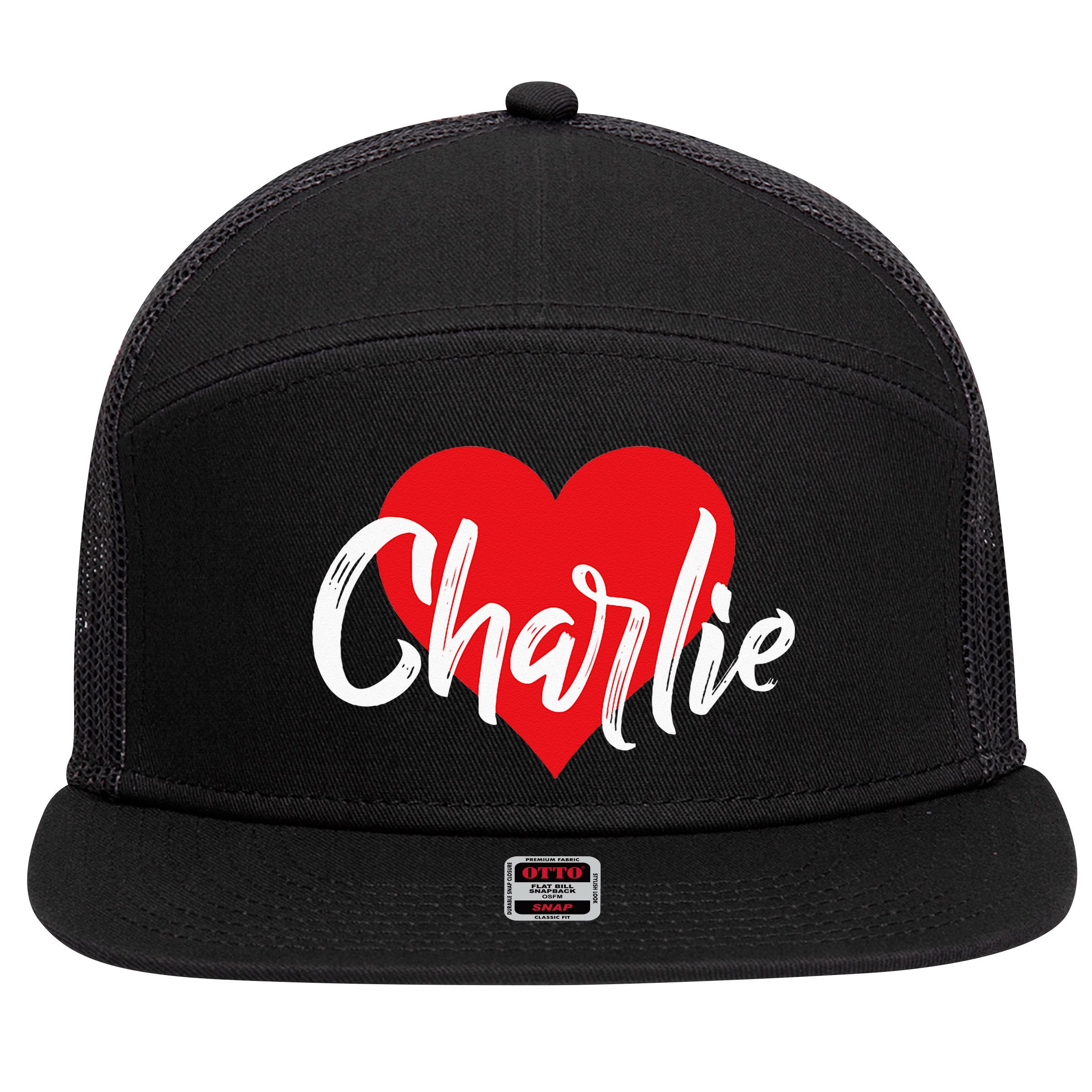 I Love Charlie First Name I Heart Named 7 Panel Mesh Trucker Snapback Hat