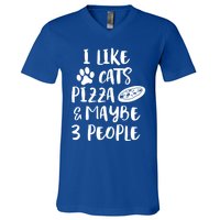 I Like Cats Pizza And Maybe 3 People Funny Sarcasm Love Cats Gift V-Neck T-Shirt