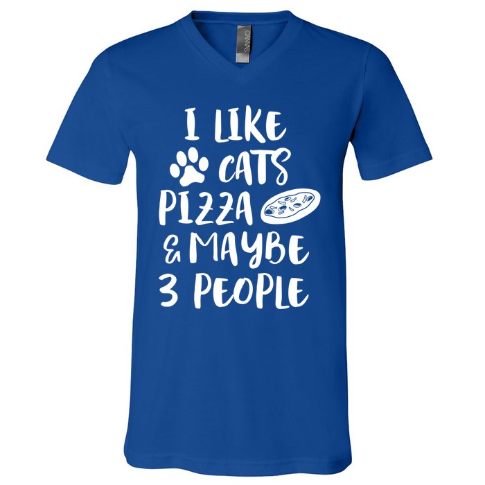 I Like Cats Pizza And Maybe 3 People Funny Sarcasm Love Cats Gift V-Neck T-Shirt