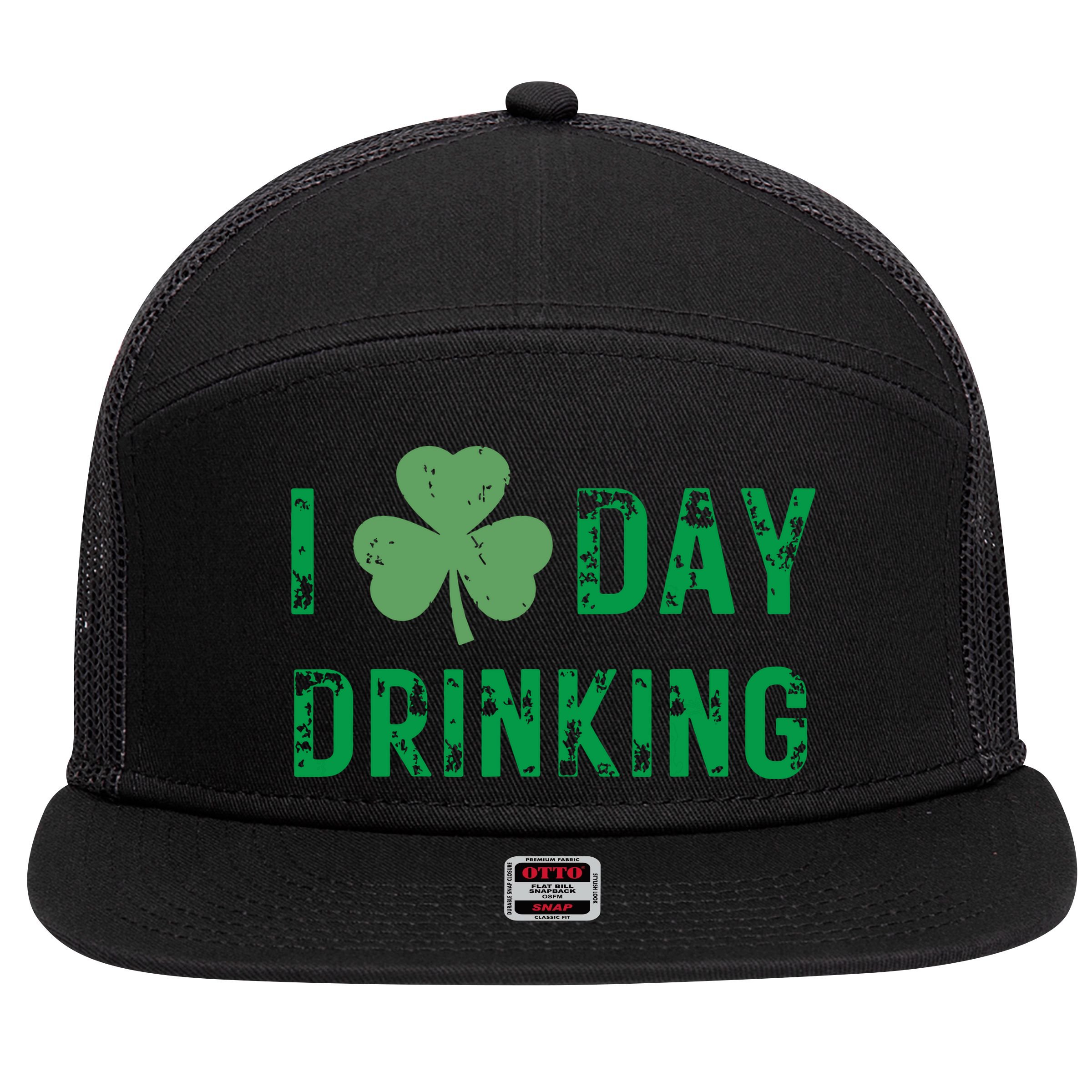 I Love Day Drinking Shamrock Heart Love St Paddys Day 7 Panel Mesh Trucker Snapback Hat