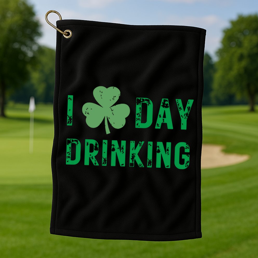 I Love Day Drinking Shamrock Heart Love St Paddys Day Golf Towel