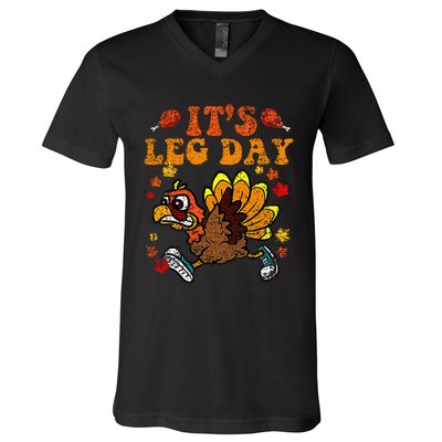 Its Leg Day Funny Turkey Fall Autumn Thanksgiving Groovy V-Neck T-Shirt