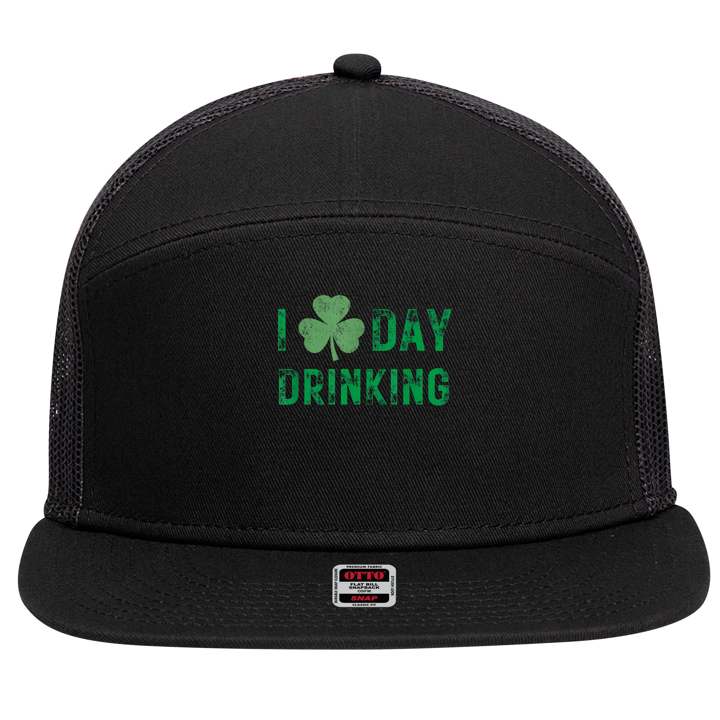 I Love Day Drinking Shamrock Heart Love St Paddy's Day 7 Panel Mesh Trucker Snapback Hat