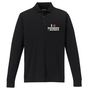 I Love Doobies And Boobies 420 Weed Stoner Funny Performance Long Sleeve Polo