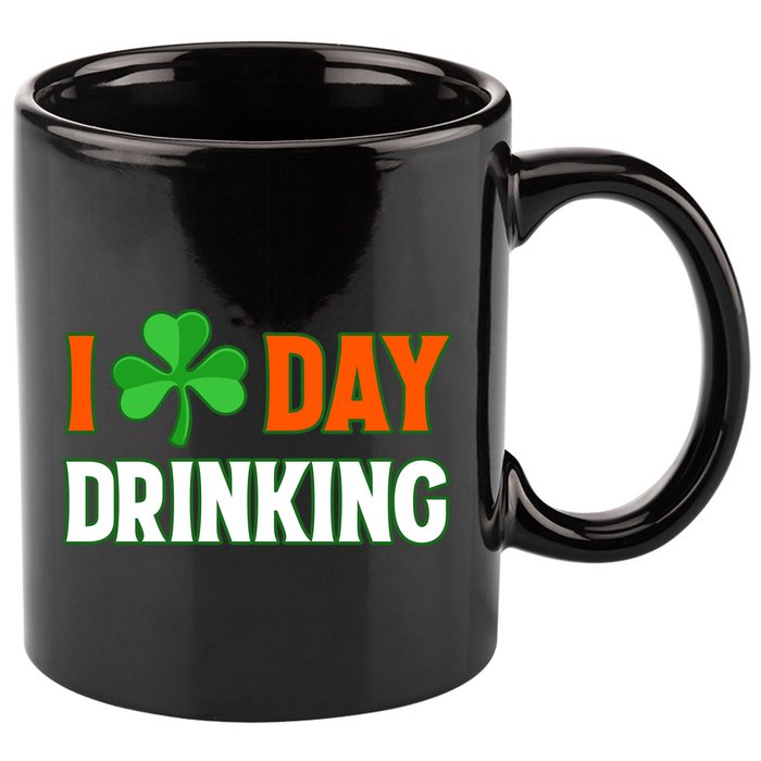I Love Day Drinking Lucky Irish Shamrock Saint Patrick's Day 11oz C Handle Ceramic Mug