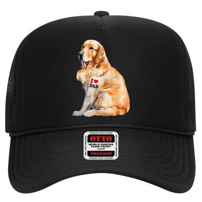 I Love Dad Patriotic Golden Retriever Canine Dog Lover High Crown Mesh Back Trucker Hat