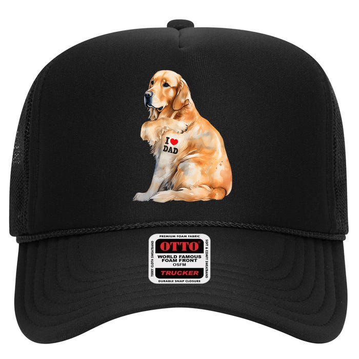 I Love Dad Patriotic Golden Retriever Canine Dog Lover High Crown Mesh Back Trucker Hat