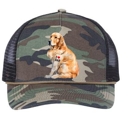 I Love Dad Patriotic Golden Retriever Canine Dog Lover Retro Rope Trucker Hat Cap