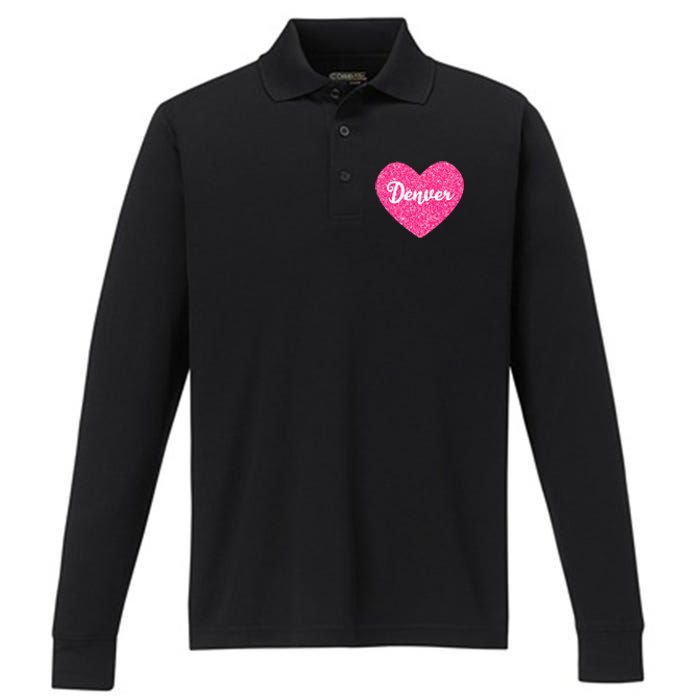 I Love Denver Colorado USA Pink Heart Gift For Women Performance Long Sleeve Polo