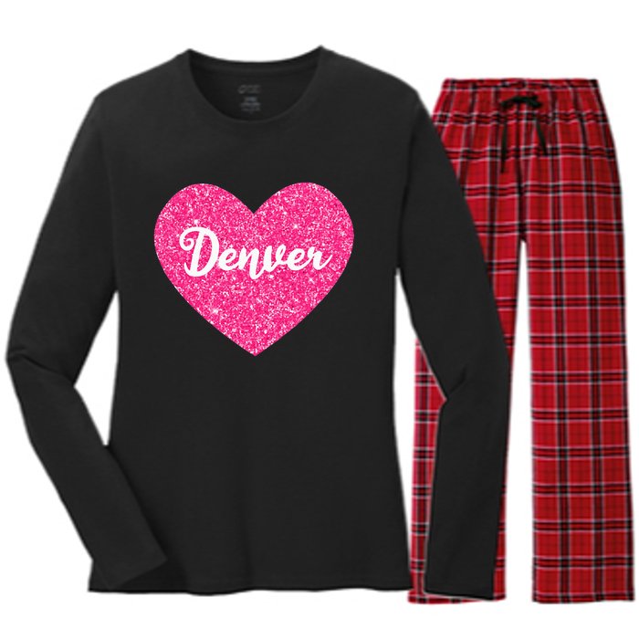 I Love Denver Colorado USA Pink Heart Gift For Women Women's Long Sleeve Flannel Pajama Set 