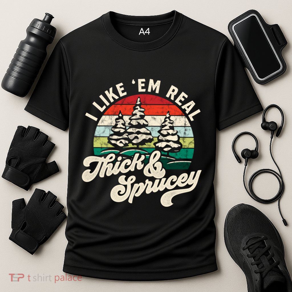 I Like Em Real Thick & Sprucey Funny Christmas Tree Performance Shirt