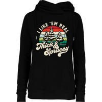 I Like Em Real Thick & Sprucey Funny Christmas Tree Womens Funnel Neck Pullover Hood