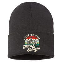 I Like Em Real Thick & Sprucey Funny Christmas Tree Sustainable Knit Beanie