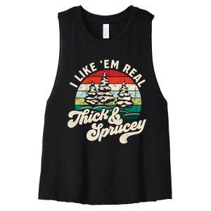 I Like Em Real Thick & Sprucey Funny Christmas Tree Women's Racerback Cropped Tank