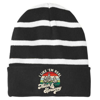 I Like Em Real Thick & Sprucey Funny Christmas Tree Striped Beanie with Solid Band