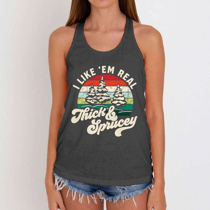 I Like Em Real Thick & Sprucey Funny Christmas Tree Women's Knotted Racerback Tank