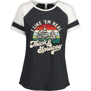 I Like Em Real Thick & Sprucey Funny Christmas Tree Enza Ladies Jersey Colorblock Tee