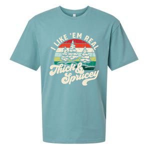 I Like Em Real Thick & Sprucey Funny Christmas Tree Sueded Cloud Jersey T-Shirt