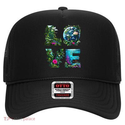 I Love Earth Day Planet Environmental Activism Globe Nature High Crown Mesh Back Trucker Hat