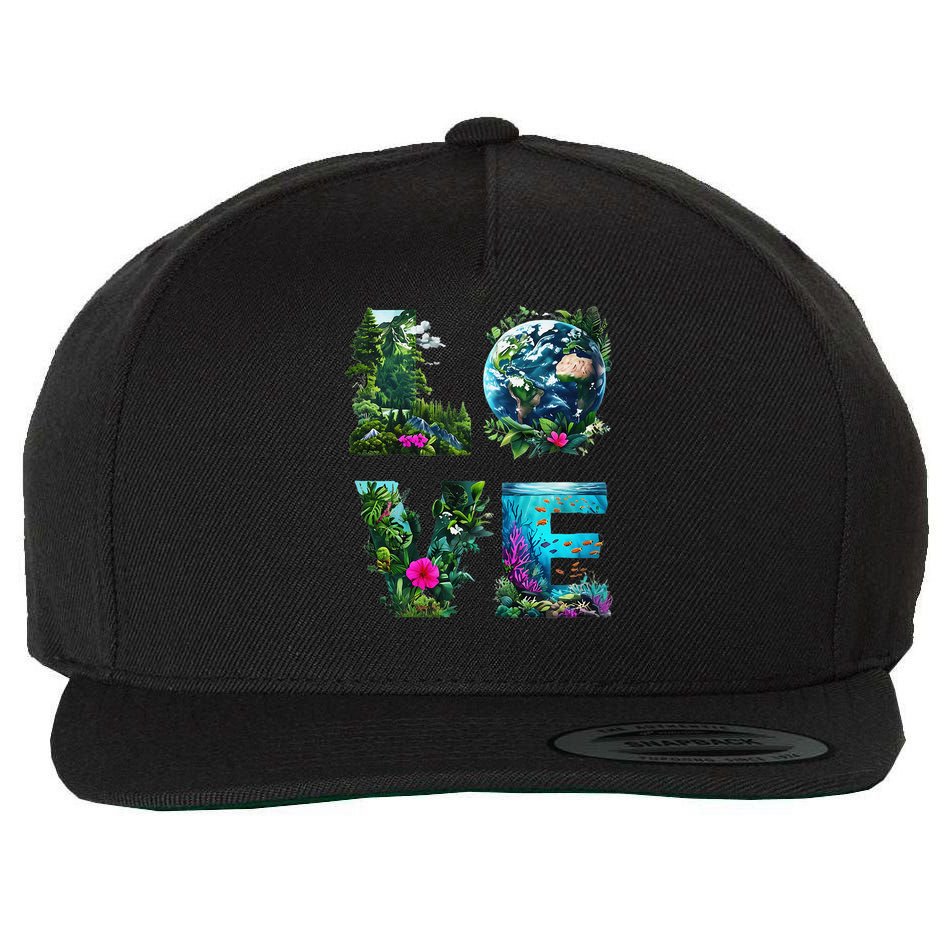 I Love Earth Day Planet Environmental Activism Globe Nature Wool Snapback Cap