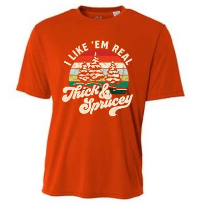 I Like Em Real Thick And Sprucey Funny Christmas Tree Cute Gift Cooling Performance Crew T-Shirt