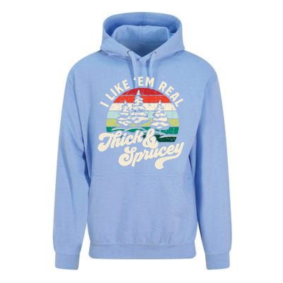 I Like Em Real Thick And Sprucey Funny Christmas Tree Cute Gift Unisex Surf Hoodie