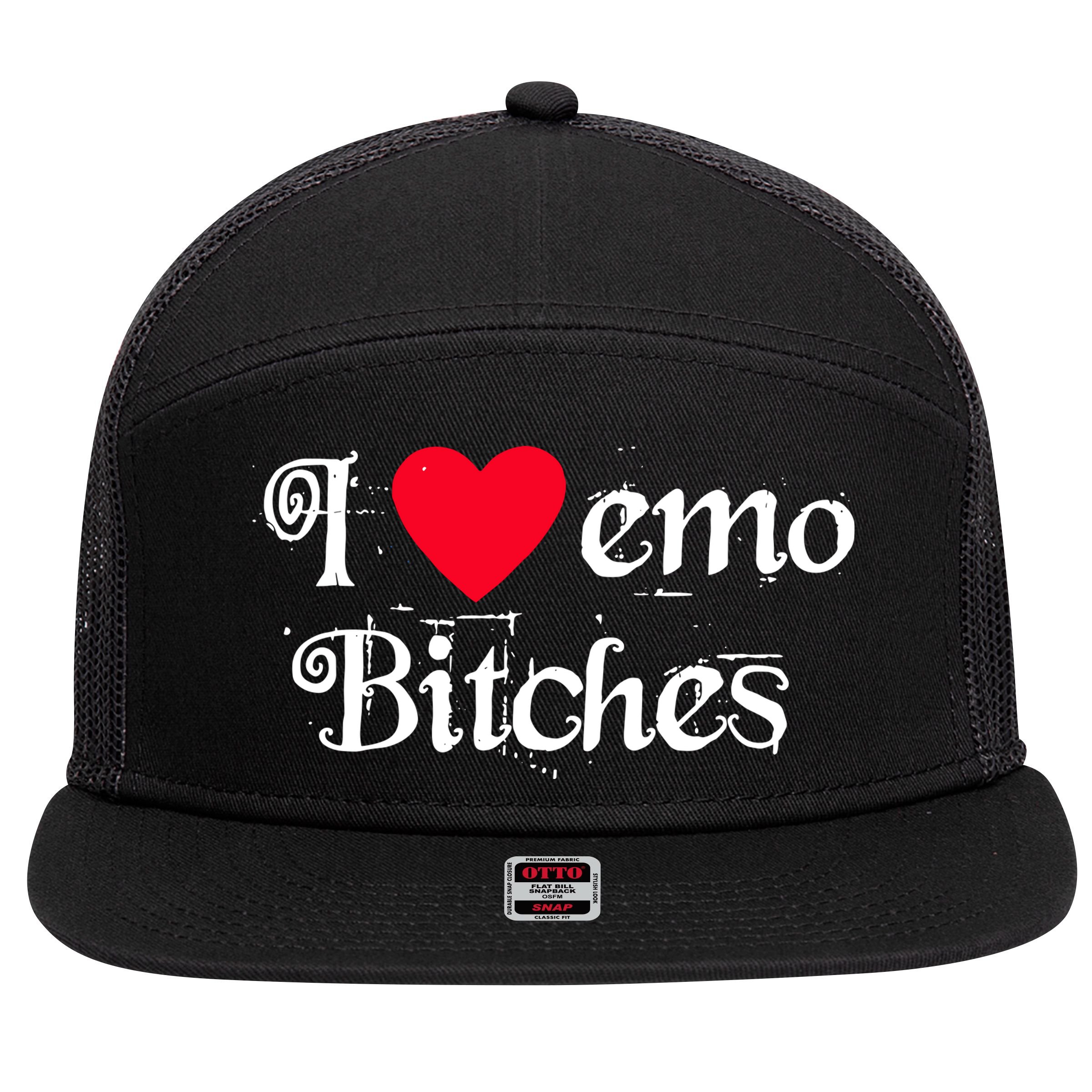 I Love Emo Bitches 7 Panel Mesh Trucker Snapback Hat