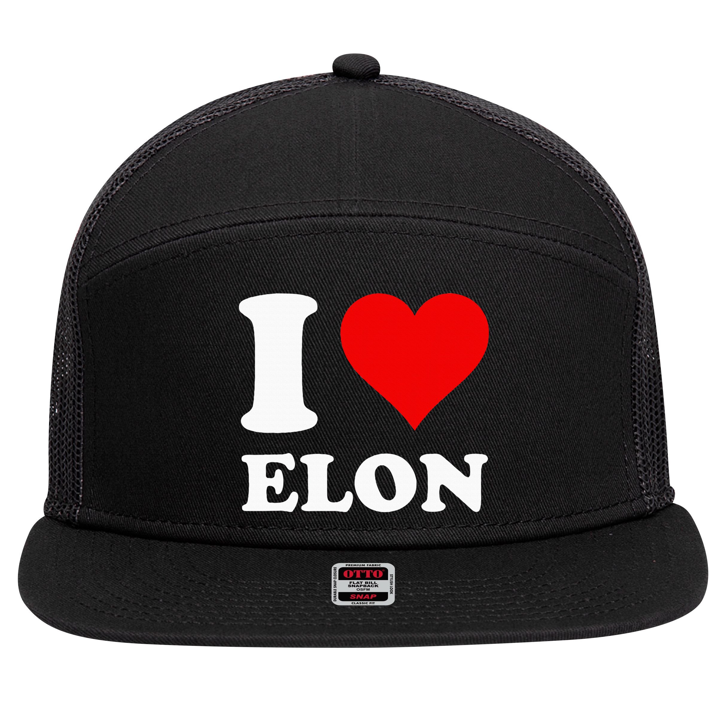 I Love Elon 7 Panel Mesh Trucker Snapback Hat