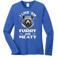 I Like Em Furry And Meaty Funny Grizzly Bear Hunting Hunter Meaningful Gift Ladies Long Sleeve Shirt