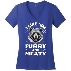 I Like Em Furry And Meaty Funny Grizzly Bear Hunting Hunter Meaningful Gift Women's V-Neck T-Shirt