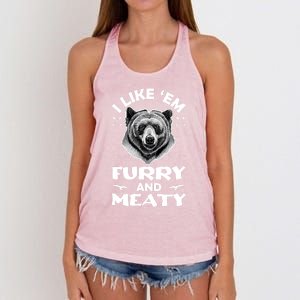 I Like Em Furry And Meaty Funny Grizzly Bear Hunting Hunter Meaningful Gift Women's Knotted Racerback Tank