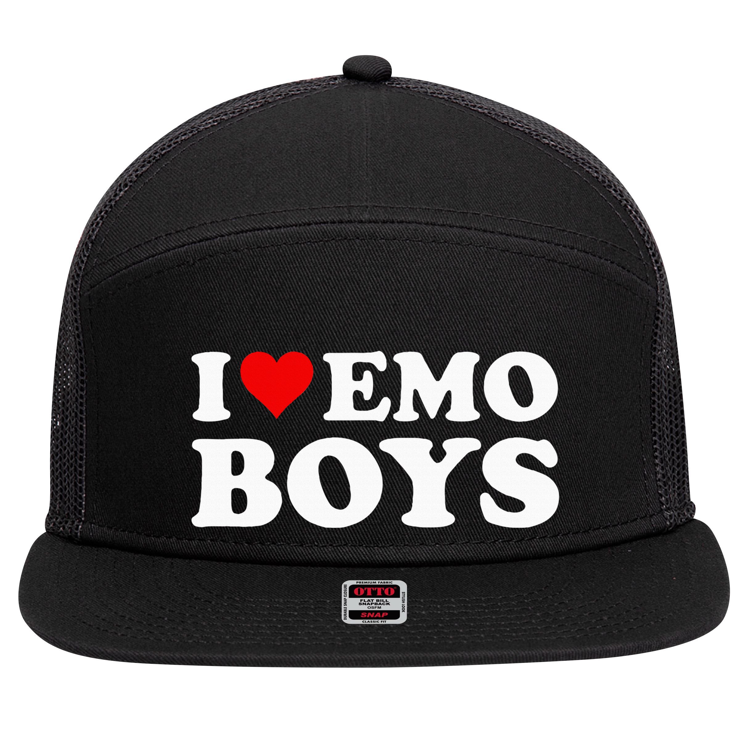 I Love Emo 7 Panel Mesh Trucker Snapback Hat