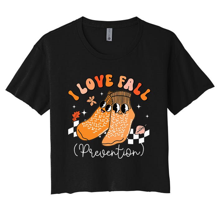 I Love Fall Prevention Socks Thanksgiving Autumn Leaves Women's Crop Top Tee