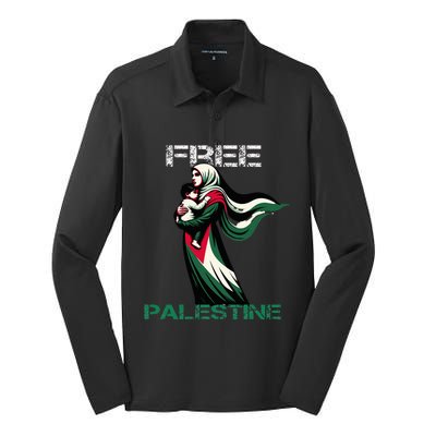 I Love Free Palestine Mother Children Gaza Strip Palestinian Silk Touch Performance Long Sleeve Polo