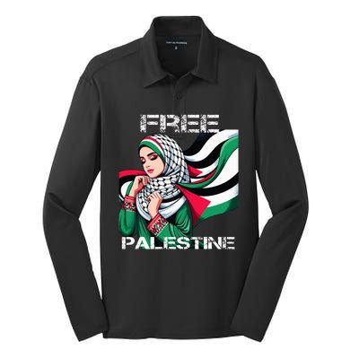 I Love Free Palestine Flag Save Gaza Strip Palestinian Silk Touch Performance Long Sleeve Polo