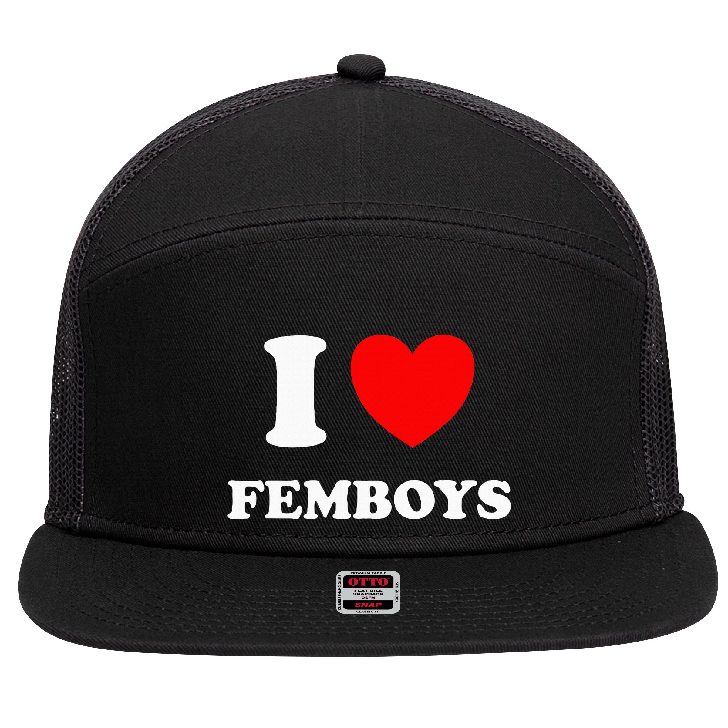 I Love Femboys Crossdressing Sissy Femboy 7 Panel Mesh Trucker Snapback Hat