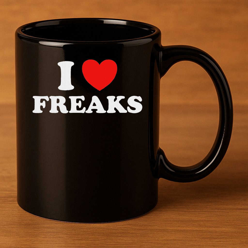 I Love Freaks Funny Cute Weirdo Circus Sideshow Outsider Fan 11oz C Handle Ceramic Mug