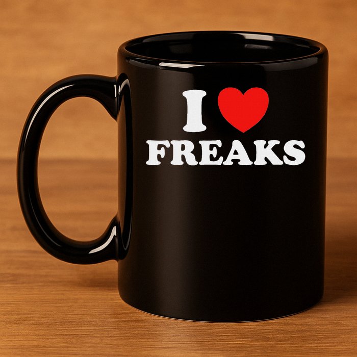 I Love Freaks Funny Cute Weirdo Circus Sideshow Outsider Fan 11oz C Handle Ceramic Mug