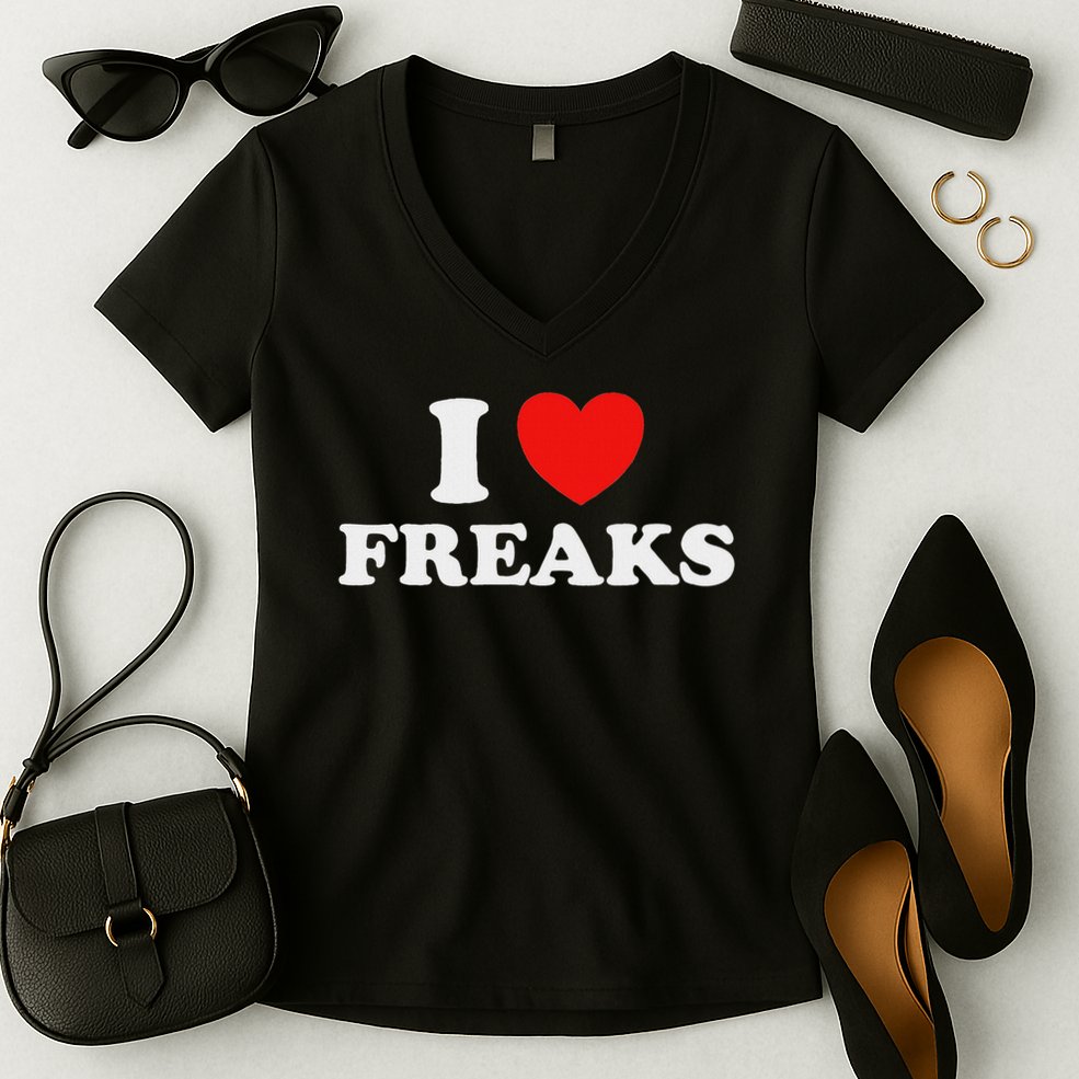 I Love Freaks Funny Cute Weirdo Circus Sideshow Outsider Fan Women's V-Neck T-Shirt