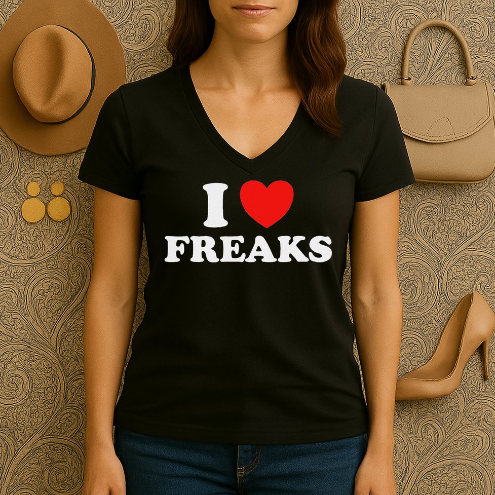 I Love Freaks Funny Cute Weirdo Circus Sideshow Outsider Fan Women's V-Neck T-Shirt
