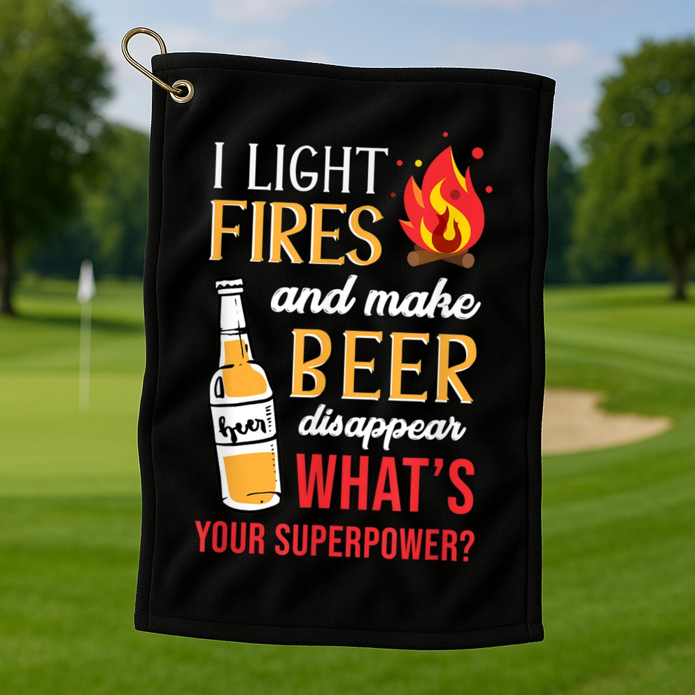 I Light Fires And Make Beer Disappear Funny Camping Golf Towel
