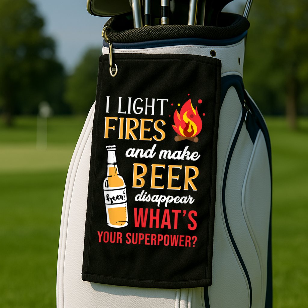 I Light Fires And Make Beer Disappear Funny Camping Golf Towel